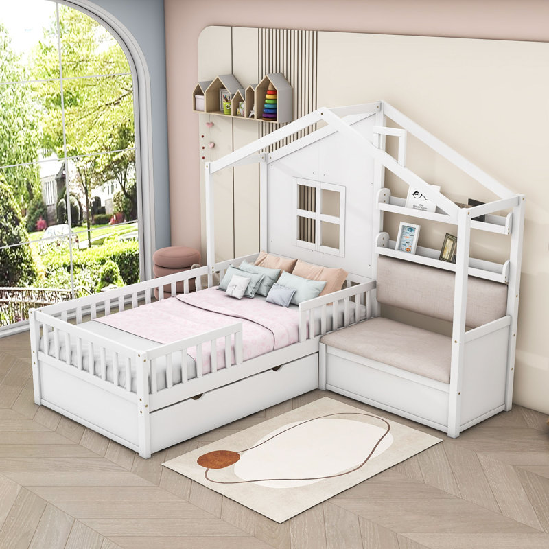 Lit simple en bois avec deux tiroirs, siège et tablette Abin, Blanc