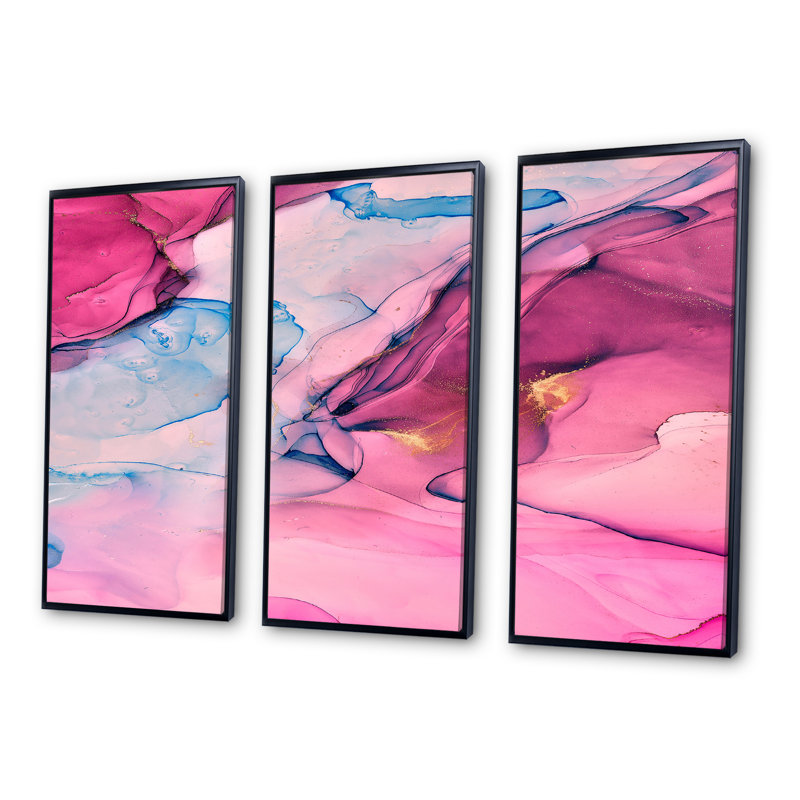 «Pink and Blue Abstract Marble I», ensemble de 3 reproductions sur toile flottantes, Cadre noir, H 28 po x l 36 po x P 1 po