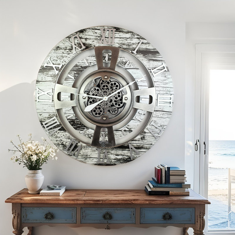 Solid Wood Wall Clock, Grey/White, Oversize 91.4cm