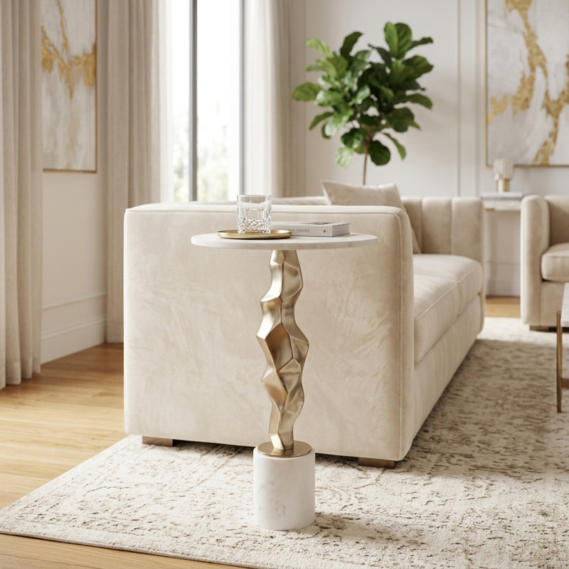 Rejanae Modern Metal and Marble Accent Table with Sculptural Aluminum Base, Contemporary Side Table with Sleek Design and Elegant Stone Top for Home Decor