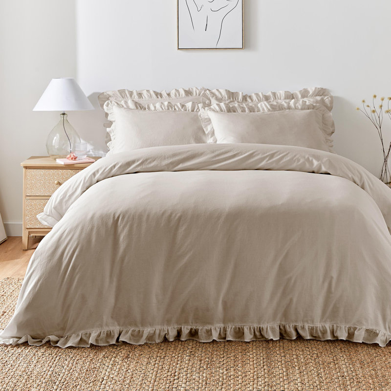 Cassia Frill Cotton No Pattern Duvet Cover Set with Pillowcases, King Duvet Cover Set + 2 Pillowcases