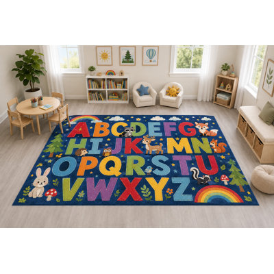 Tapis d'intérieur « ultra-fin » grand format (201 cm x 300 cm) à motif alphabet de la forêt, doux et à poils courts, avec envers antidérapant en silicone, idéal pour une salle de jeux.