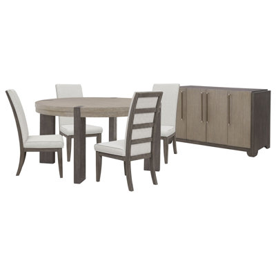 Inzillo Round Dining Table With 4 Upholstered Side Chairs And Sideboard