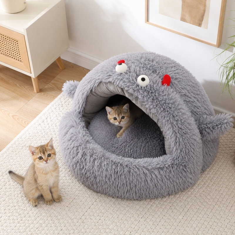 Mignon lit gigogne semi-fermé pour animaux de compagnie avec monstre à poil long mignon, nid de chat douillet pour chien chaud en hiver, cabane de couchage intérieure moelleuse et ultra douce