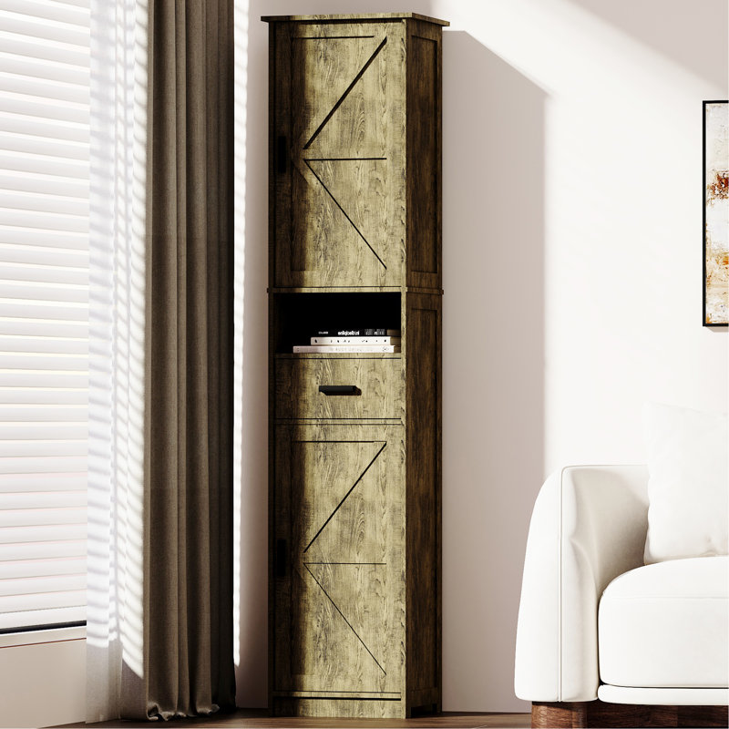 69" H Tall Storage Cabinet With 2 Barn Doors & 1 Drawer. Grey Color, Adjustable Shelves, For Bathroom, Living Room, Entryway, Kitchen Bathroom And Drawer, Compact Kitchen, Ample Capacity