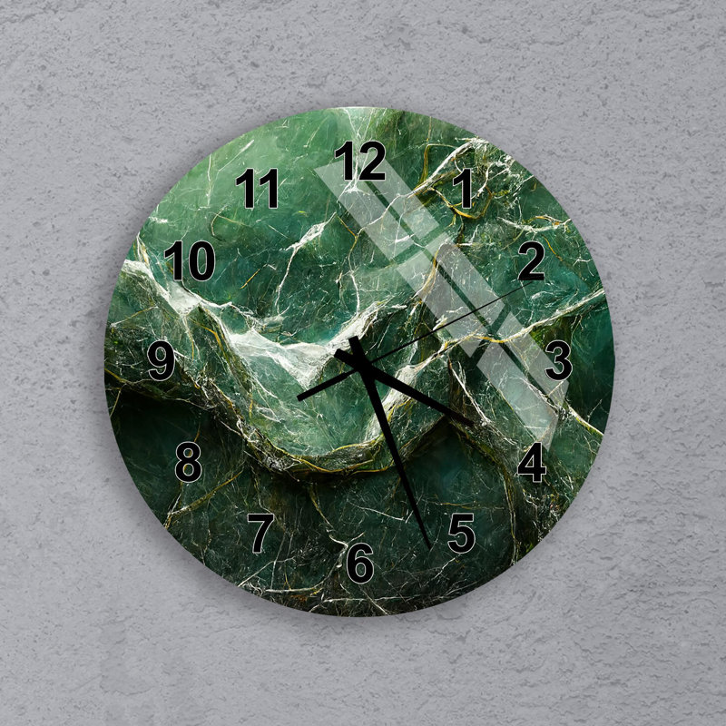 Horloge murale en marbre vert - Art abstrait pierre émeraude - Décoration moderne en verre trempé - Horloge ronde de luxe inspirée de la nature pour le salon
