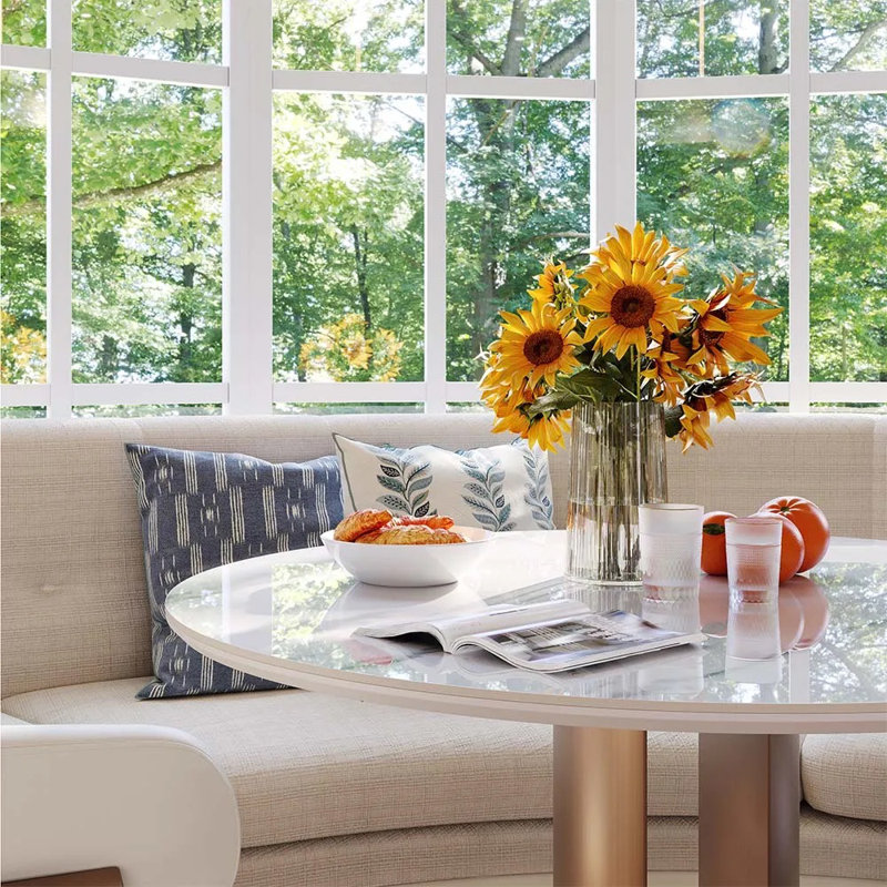 32" Modern Breakfast Nook Table, Small Dining Table For Kitchen & Compact Spaces, Glossy White Sintered Stone Top With Bronze Metal Base