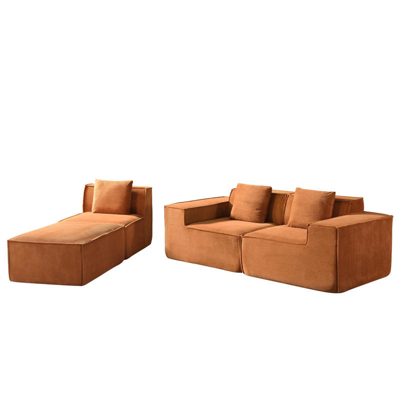 Canapé modulaire convertible en velours côtelé avec repose-pieds et coussins, Velours côtelé orange citrouille