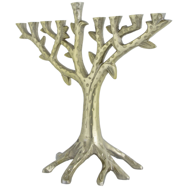 Tree Trunk-Shaped Tabletop Brass Hanukkah Menorah - 11.5" - Gold