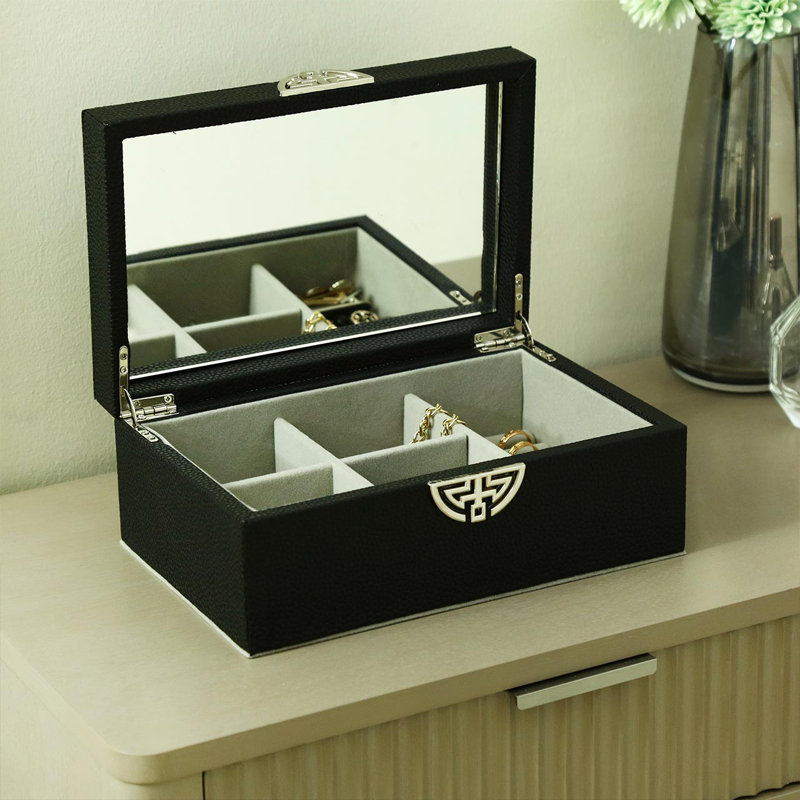 Susma Faux Litchi Grain Jewellery Box with mirror for Bedroom Furniture, Decoration Wooden Storage Box, Black