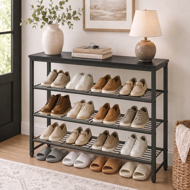 Shoe Rack Metal and Wood Design Space Saving Large Capacity Organizer for Closet Entryway Bedroom Living Room, 24.8" H x 29.5" W x 11.4" D, Black