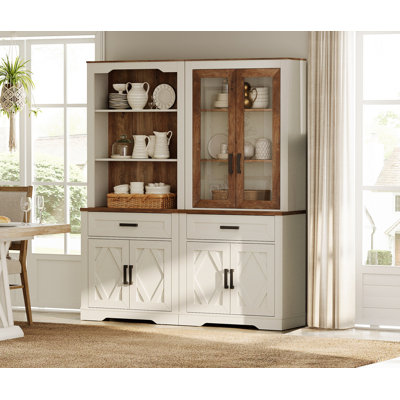 Glenford Kitchen Pantry With Barn Door,73.3" Tall Wood Storage Cupboard,Farmhouse Patry Cabinet With 2 Drawers And Glass Door For Dining Room,Living Room,Living Room,
