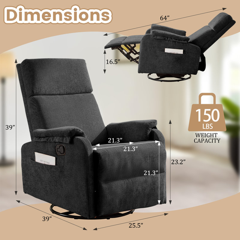 KORSER Recliner Chair, Small Recliner For Small Space,  Manual Recliner With Side Pocket , Recliners For Living Room, Black