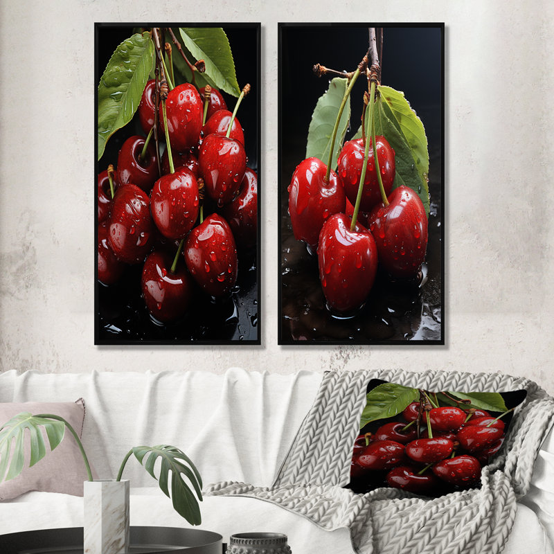 Ensemble de 2 fruits décoratifs à motif de fruits cerises délicieuses I, H 28 po x l 25 po, Cadre noir