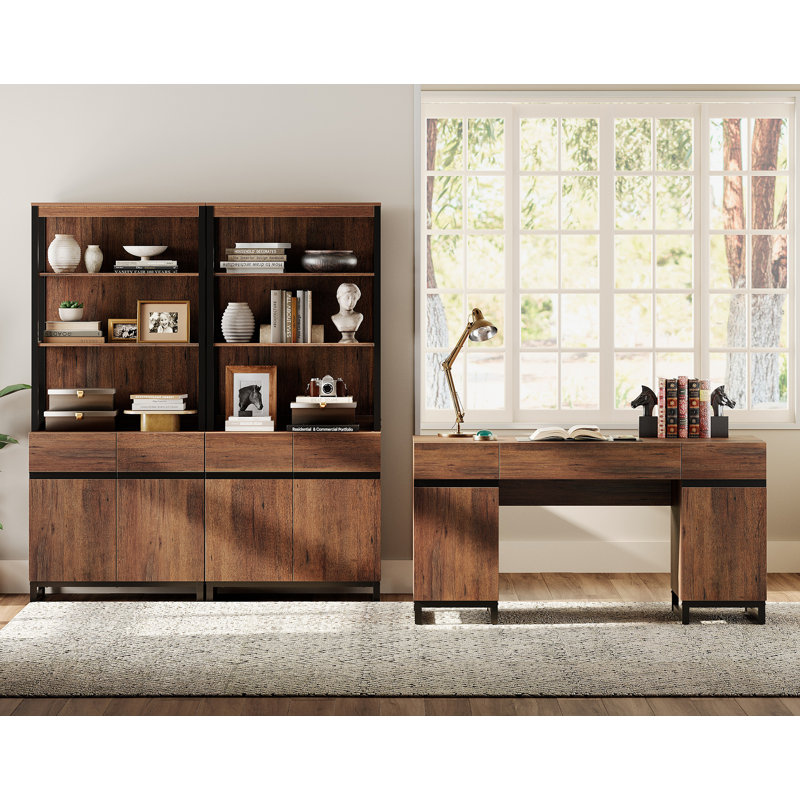 Home Office Furniture Set: 59" Modern Executive Desk With Charging Station & Storage Cabinet + 72" Tall Bookcases, Wood Computer Desk & Library Storage Shelf Cabinet For Work Study, Brown