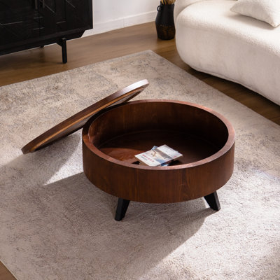 Table basse avec rangement à couvercle rabattable de style Mid-Century de 31,05 po en bois massif et pieds noirs à finition ronde pour le salon