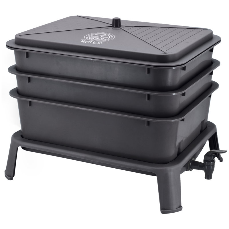 Large Black 4-Tray Plastic Worm Composting Bin with Coco Coir Brick