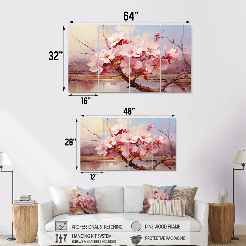 «Pink Whispering Cherry Blossoms II - Flowers», ensemble de 4 décorations murales, H 32 po x l 64 po