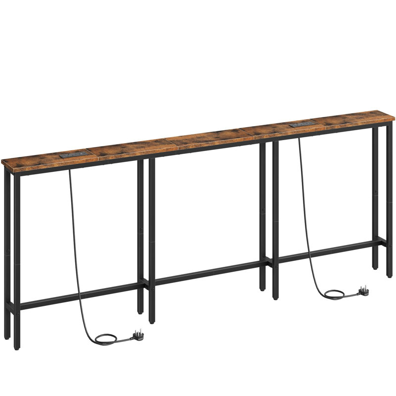 Slim Console Table with 2 Charging Stations, Rustic Brown + Black