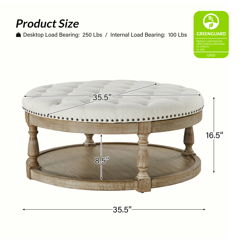 Lynde Kat Button Tufted Storage Ottoman, White Linen