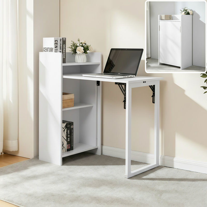 Foldable Computer Desk with Charging Station and Two-Tier Storage Shelf, 39.3 Inch Convertible Folding Writing Table Multi-Functional Space Saving Nightstand for Home Office Bedroom Dormitory Study Compact Workstation, White