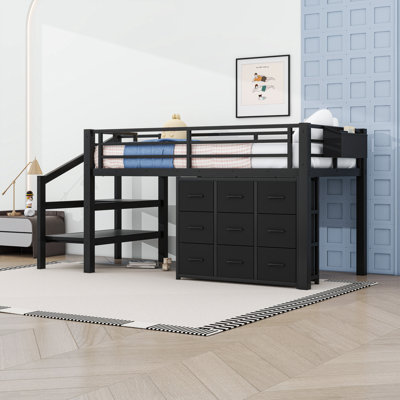 Lit simple mezzanine bas avec tiroirs de rangement intégrés, tablettes et lumière