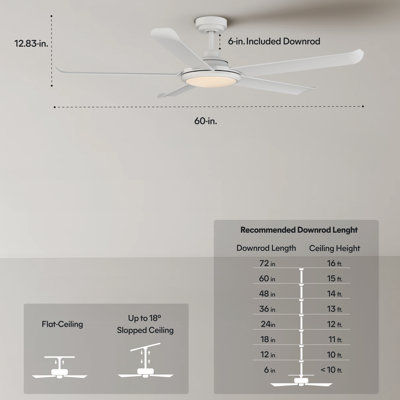 Arlette 60'' Outdoor Ceiling Fan with Light and Remote, Indoor Ceiling Fan with Light Kit, 6-Speed, 5-Blade, Quiet Reversible DC Motor - Matte White