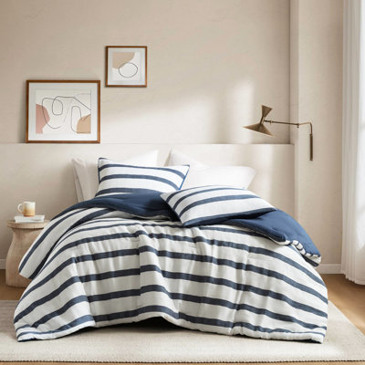 Full/queen 3 Comforter With -dyed Stripes, Softly Crinkled Texture, All Comfort, Brushed Microfiber Back, Standard 100, Machine Washable, Blue Contemporary Aesthetic,