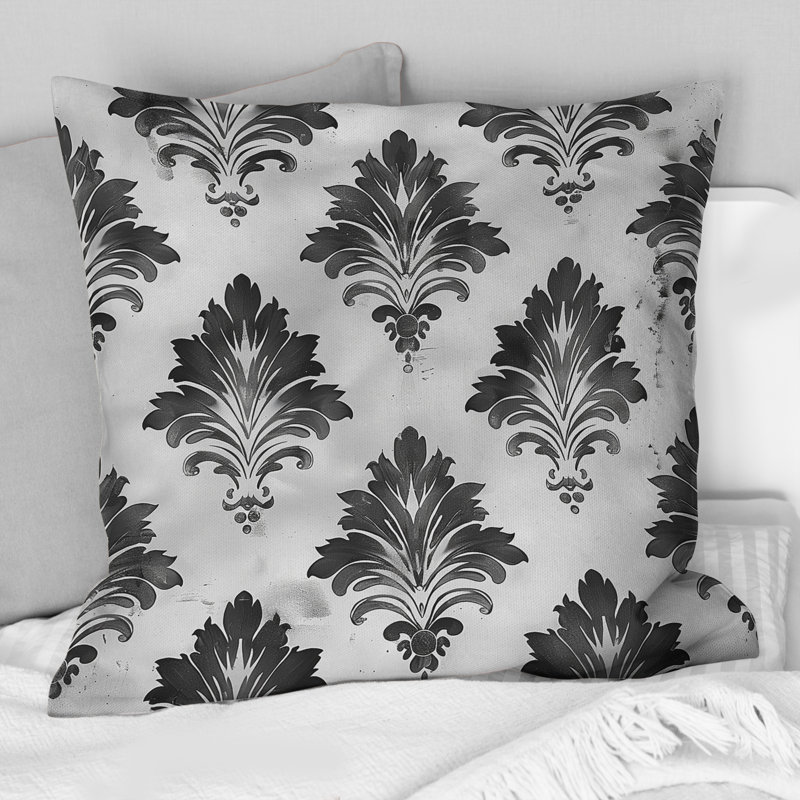 Coussin décoratif noir et blanc damassé Glamour V, H 18 po x l 18 po