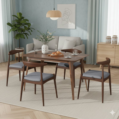 Ensemble de salle à manger 5 pièces comprenant 1 table et 4 chaises, une structure en bois d'hévéa, un plateau de table en bois artificiel, un design rétro pour une cuisine et une salle familiale, combinaison de noyer et de gris clair