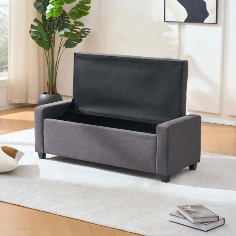 Storage Bedroom Bench For End Of Bed, Faux Linen Upholstered Storage Ottoman With Arms For Bedroom,Living Room, Entryway