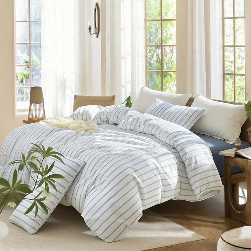 Ensemble de housse de couette à rayures XINMIANFANG, White/Blue, Housse de couette grand et 2 taies d'oreiller stan
