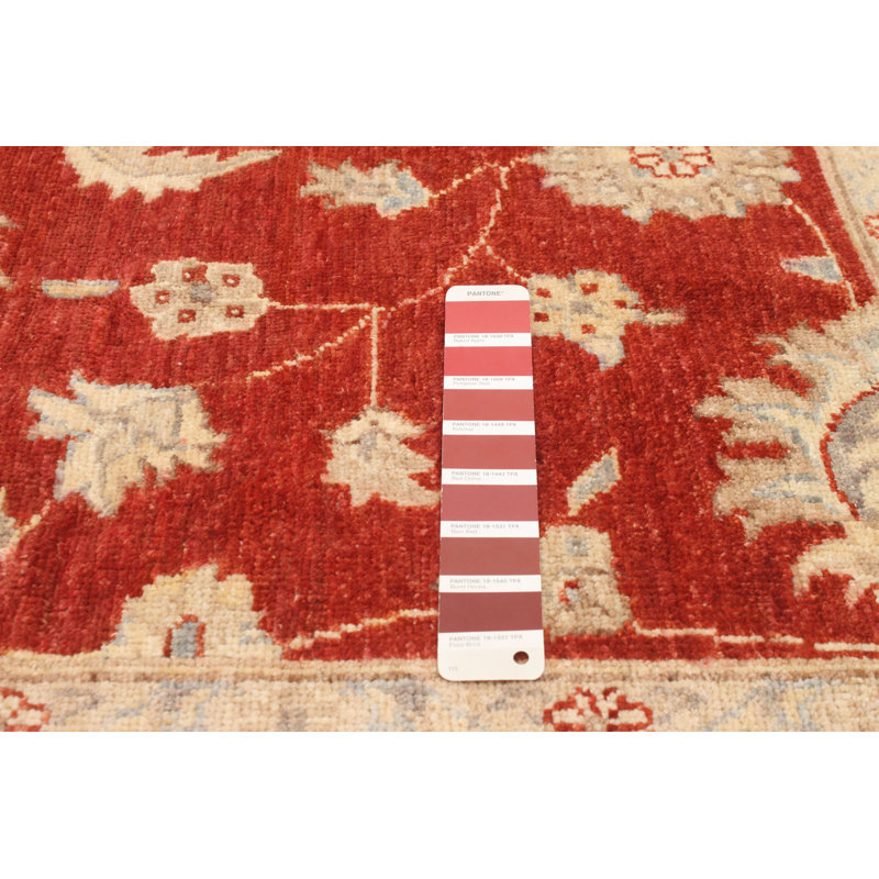 Tapis rouge foncé en laine noué à la main de conception unique 6 pi 6 po x 9 pi 6 po Gynith