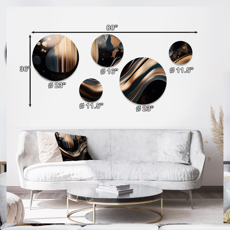 Ensemble de 5 décorations murales Euphoria VI marbrées dorées et noires