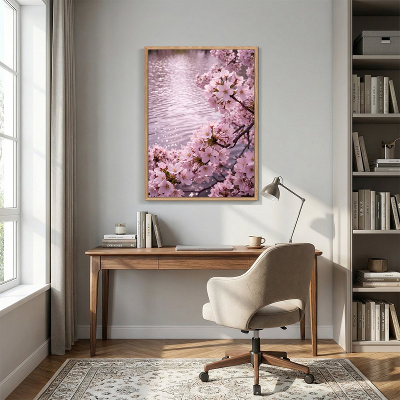 «Pink Cherry Blossoms Over Shimmering Water», art mural sur toile, H 48 po x l 36 po