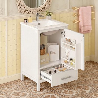 Meuble-lavabo moderne de 20 pouces avec lavabo en céramique, tiroir et porte à fermeture en douceur, organisateur de porte double couche, tiroir de séparation, patins réglables - conception de rangement peu encombrante
