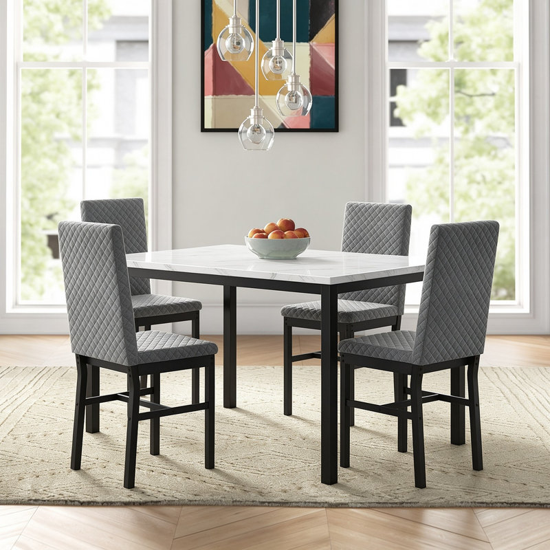 Ensemble de table de salle à manger 5 pièces en faux marbre avec 4 chaises, Marbre blanc / gris
