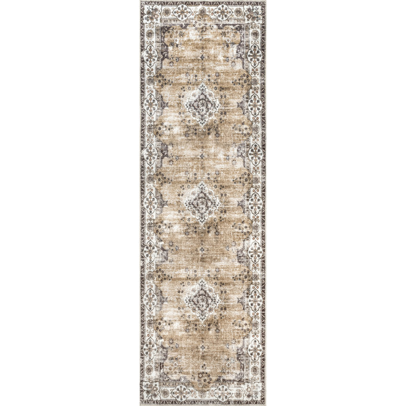 Paisley SpinClean Machine Washable Faded Floral Border Medallion Area Rug, Runner 2' 6" x 8'