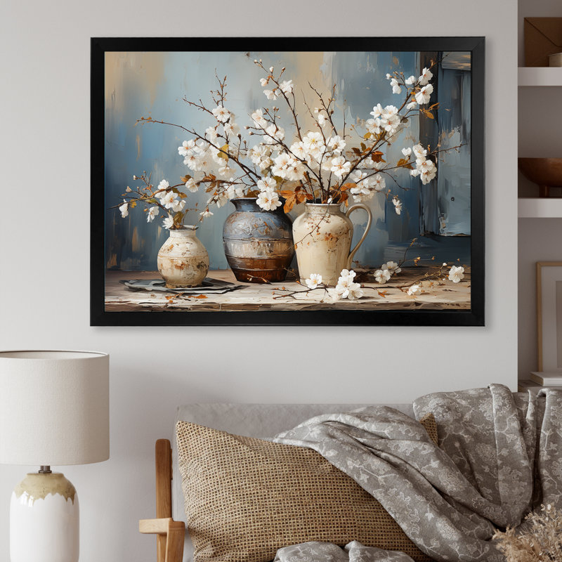 Art mural de poterie et de fleurs nature morte I, H 12 po x l 20 po, Cadre simple noir, Noir