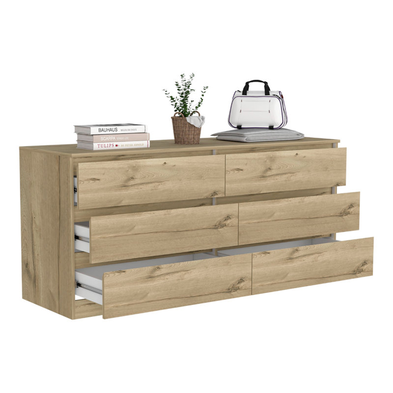 Commode double 6 tiroirs, poignées en métal, Chêne clair