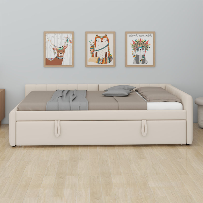 Lit de jour rembourré en L avec lit gigogne, Beige
