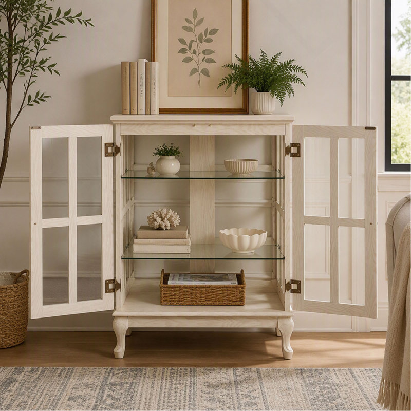 Buffet à portes grillagées avec bande lumineuse RVB et 2 tablettes réglables pour salle à manger, White