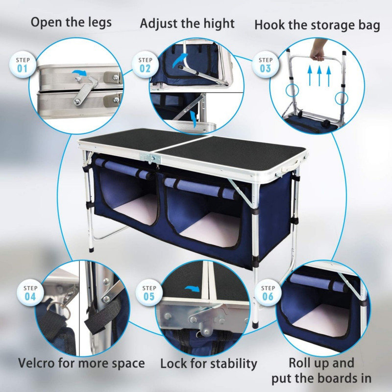 Table de camping pliante avec compartiment de rangement, table de pique-nique portable