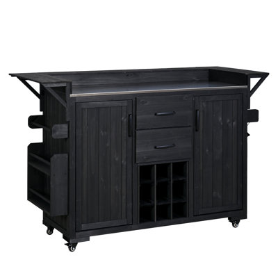 Îlot de cuisine à roulettes de 60,2 po de largeur avec roulettes et plateau en acier inoxydable, chariot de barbecue en bois avec support à épices et support à vin