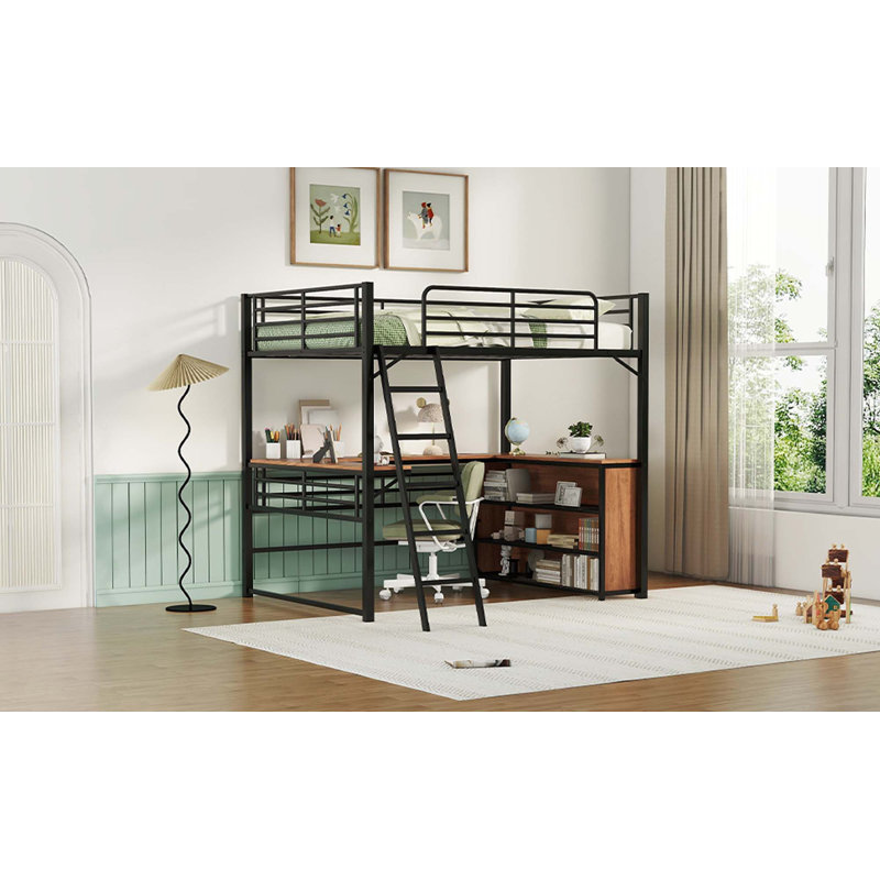 Lit mezzanine en métal avec 3 couches de tablettes et bureau en L, Noir, Double