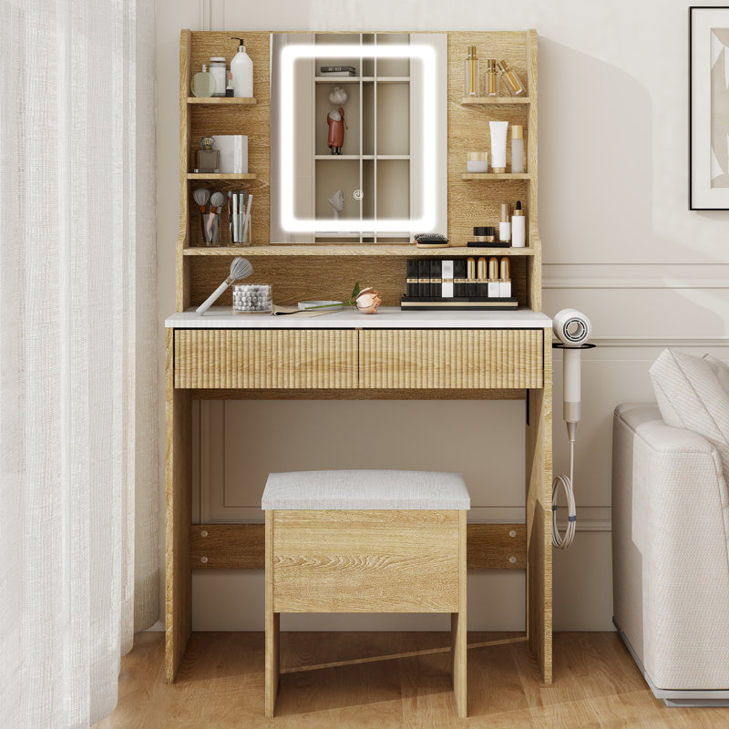 Makeup Vanity Desk With Mirror And Lights, 31.4" Dressing Table With Power Outlet And Storage Stool