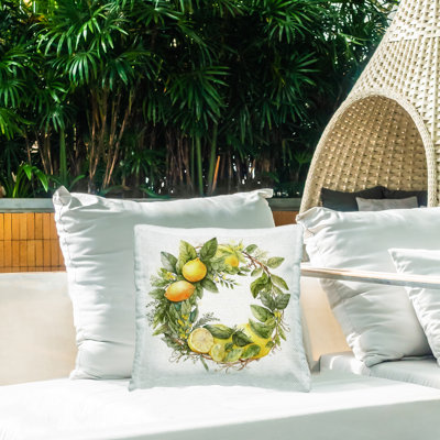 Coussin d'extérieur imprimé citron Citron Botanical Wreath par Ziwei Li