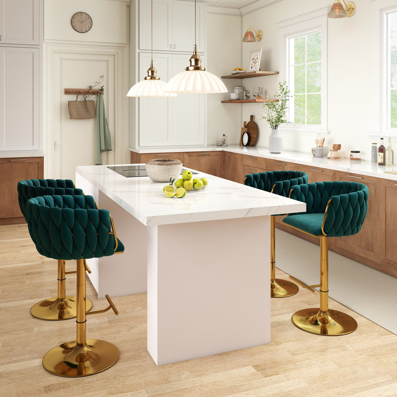 20.5" W Adjustable Height Swivel Velvet Bar Stool with Metal Base (Set of 4), Teal