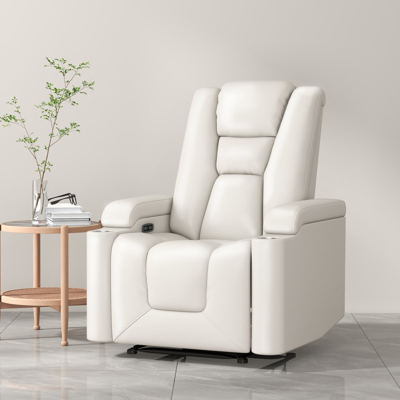 35'' Wide Modern Overstuffed and Breathable Vegan Leather Power Recliner with Cup Holder, White Faux Leather
