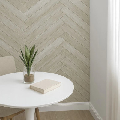 Light Brown Soft Beige Zigzag Herringbone Distressed Faux Wood Planks Wallpaper